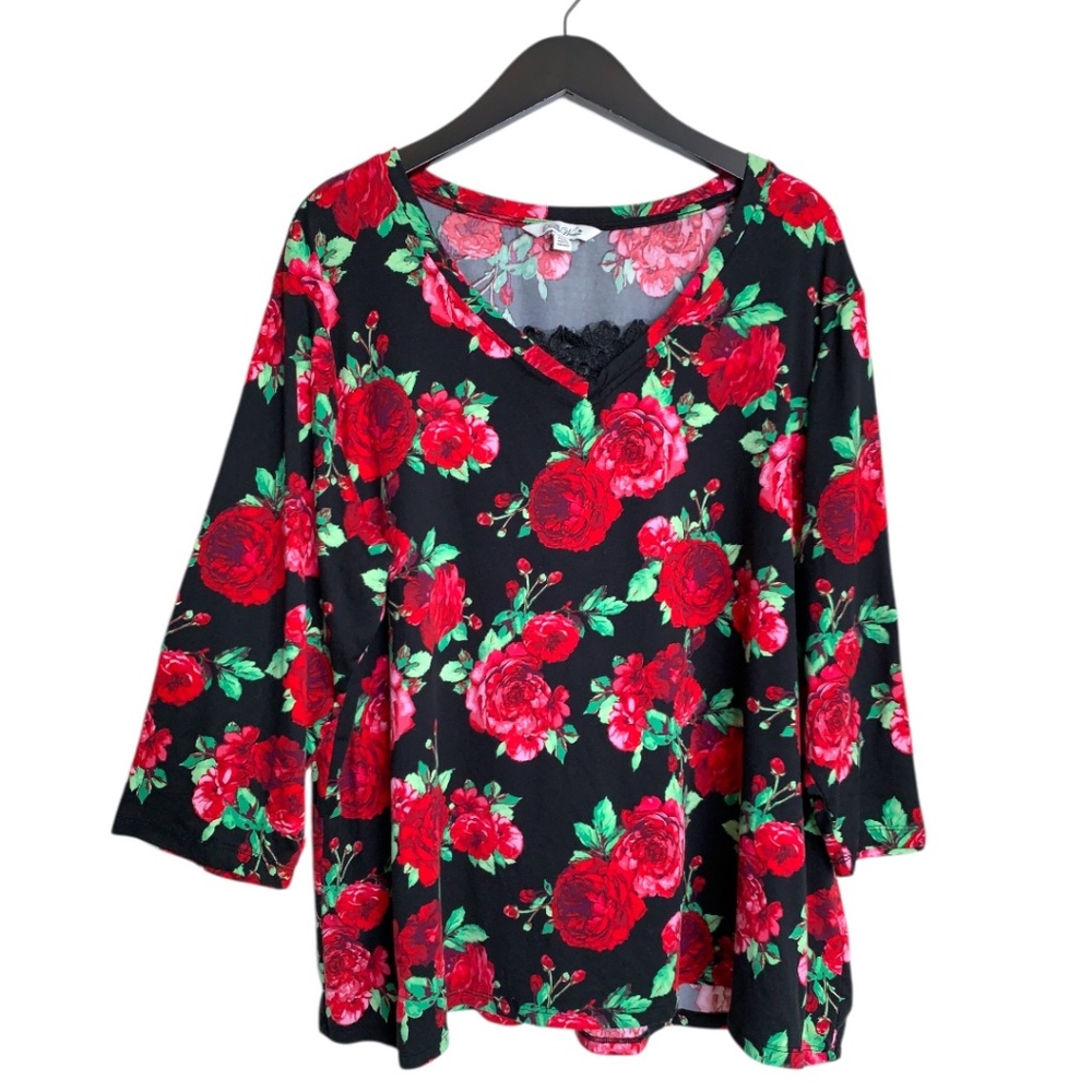 Pioneer Woman Blouse Size XXXL (3XL) Black Floral Top Flowers Roses Gardencore